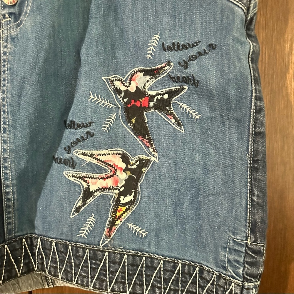 Joe Browns Multicolour Blue Patchwork Denim Skirt with Bird Embroidery Sz 12 - Picture 6 of 13